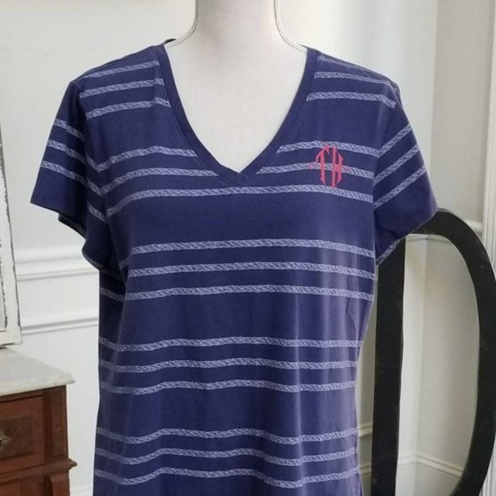 Tommy Hilfiger Blue V-Neck Tee Short Sleeve Striped Size XL